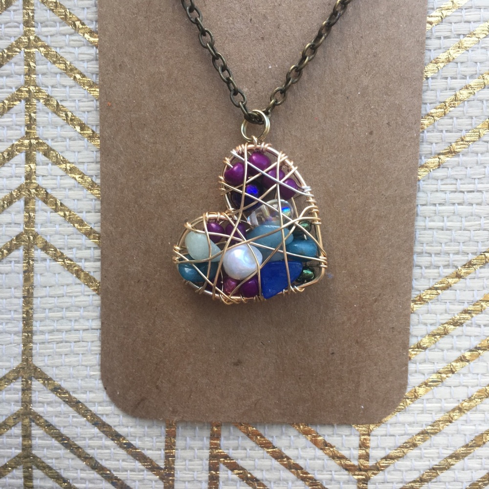 Heart Pendant Wrapped In Gold Copper Wire Handmade